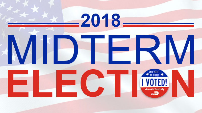 2018 Midterm Election in text with an American flag in the background