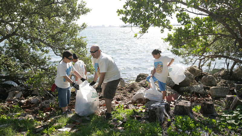 photo of people picking up trash along the coast