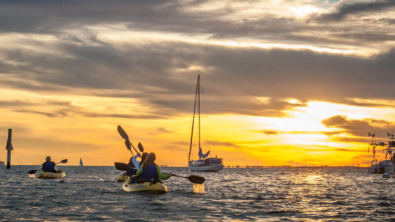 Group kayaking during sunset.