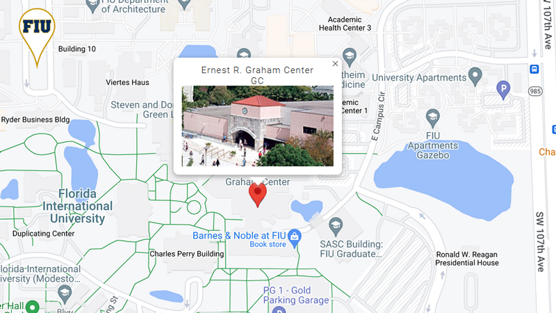 map of FIU with pin showing the Graham Center building